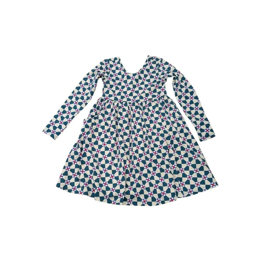Hanna Andersson Kids Long Sleeve Skater Dress Pockets Green Peppermint Swirl 10
